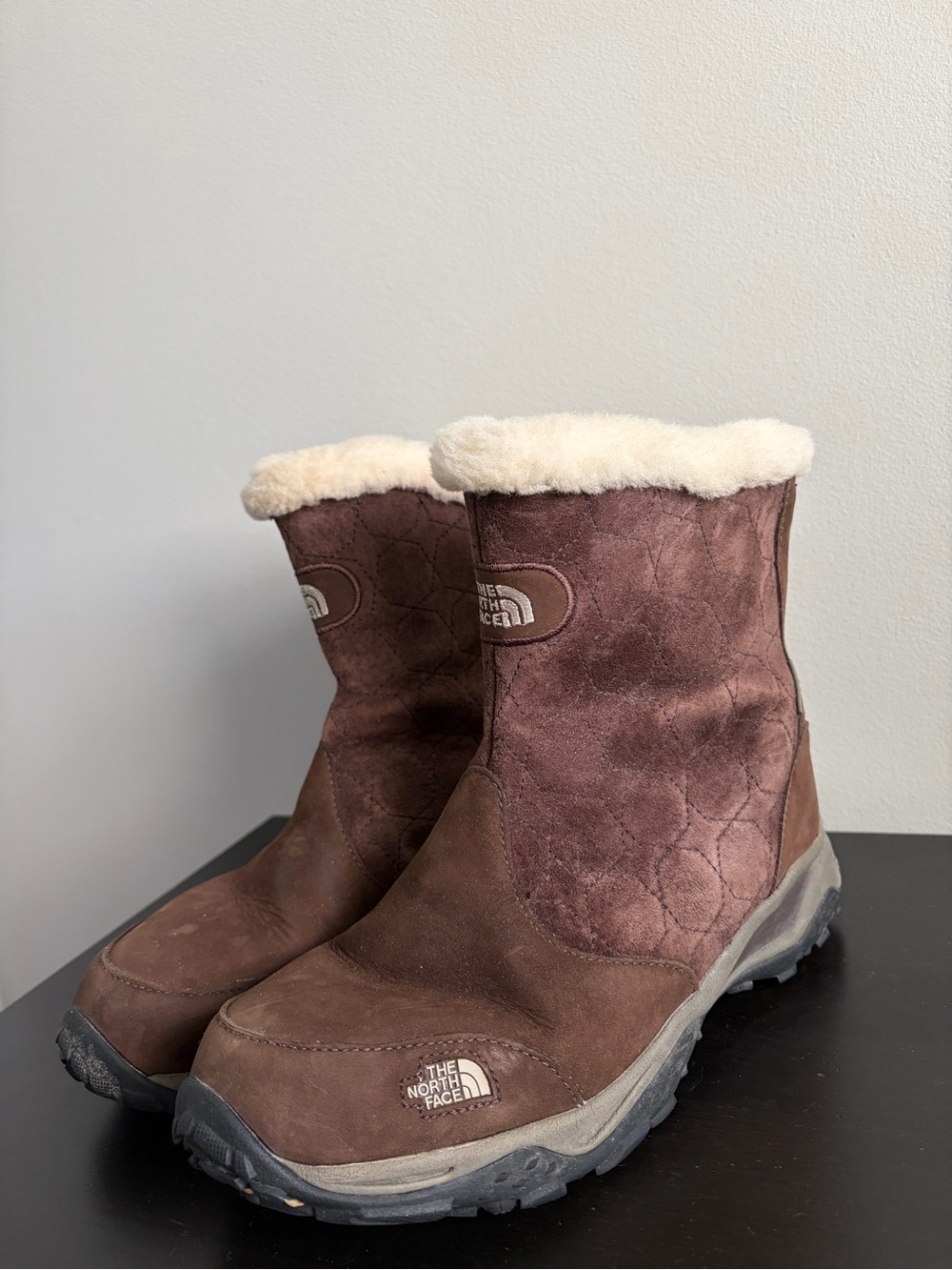 The North Face Waterproof Brown Suede Shearling Collar Winter Boots, Size 10.